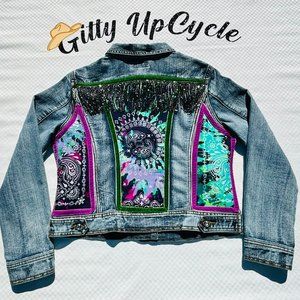 Upcycled colorful Boho Jean Jacket with velvet trim and black trim - L